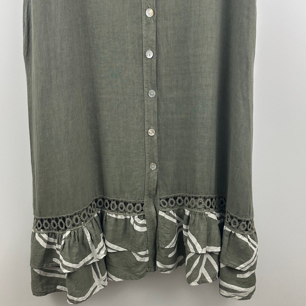 Little Corner Miami 100% Linen Made in Italy Olive Ruffle Button Midi Dress XL - Picture 5 of 11